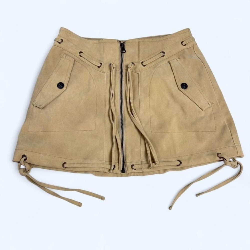 We The Free Tan Vegan Suede Mini Skirt Lace Up Tassel Size 2
